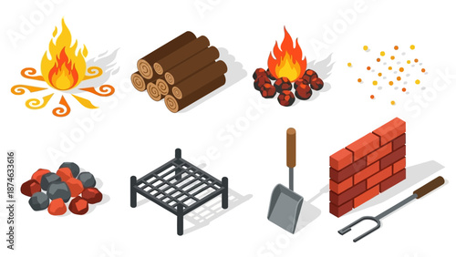 Isometric campfire essentials and bricklaying tools for outdoor and construction activities