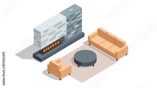 Modern isometric living room design with fireplace and furniture arrangement