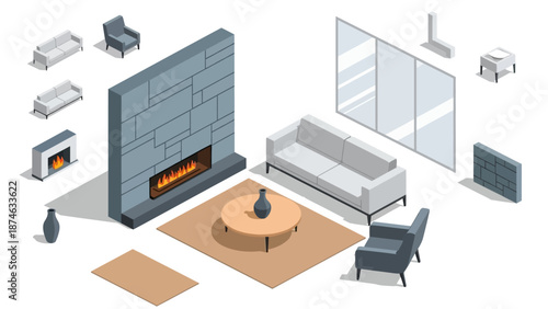 Isometric living room: modern minimalist interior with fireplace and furniture