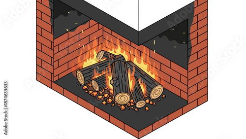 Cozy brick corner fireplace with burning logs in isometric style for interior design inspiration