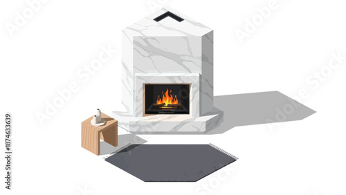 Modern isometric fireplace with marble mantel and minimalist furniture