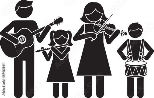 Family band silhouette playing guitar violin flute and drums together music musical instruments