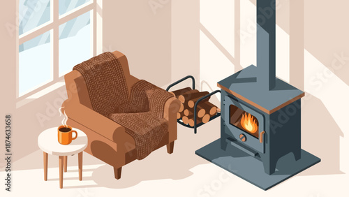 Cozy winter living room with armchair, fireplace, and warm blanket in isometric style
