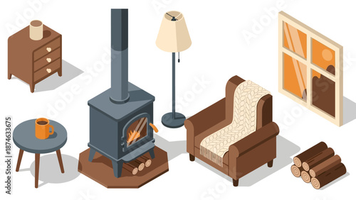Cozy isometric living room with wood stove and modern furniture