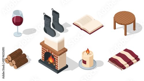 Cozy home elements for winter comfort and relaxation in isometric design