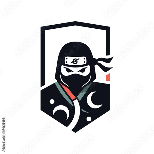 Stylized ninja emblem featuring a masked figure and crescent moon designs