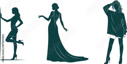 Elegant Female Silhouettes in Evening Gowns and Stylish Outfits on White Background woman fashion