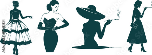 Elegant Vintage Silhouettes of Women in Fashionable Dresses and Hats woman
