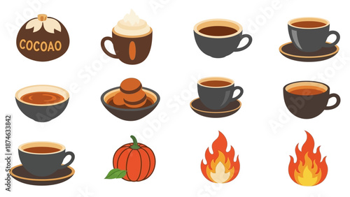 Cozy beverage collection featuring coffee and hot chocolate with autumn themes