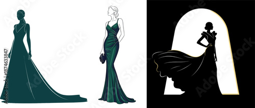 Elegant Women in Evening Gowns, One in Silhouette against a Dramatic Arch woman fashion