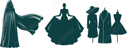 Fashion Silhouettes of Elegant Dresses Cloaks and Hats on White Background Keywords: fashion, silhouette, dress, cloak, hat