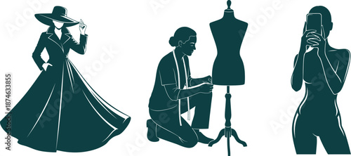 Fashion Silhouettes of Woman in Hat Dressmaker and Person Taking Selfie Keywords: fashion, silhouette, woman, hat, dressmaker