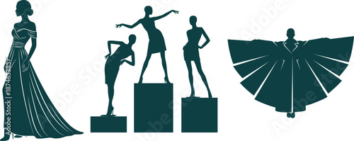 Fashion Silhouettes of Elegant Gown and Models on Podium with Dramatic Cape Keywords: fashion, silhouette, woman, dress, elegant