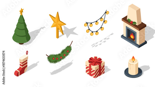 Festive isometric christmas icons set featuring tree, star, and fireplace elements