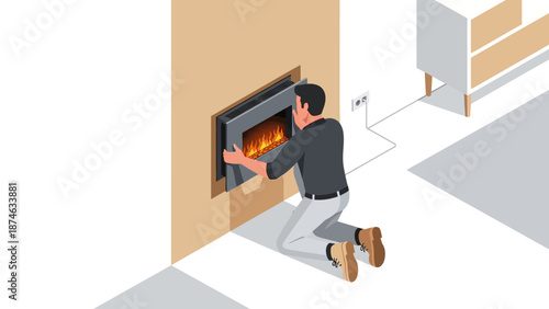 Man adjusting modern fireplace in minimalist interior isometric design