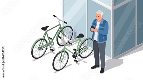 Isometric urban scene with elderly man using smartphone near bicycles