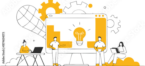 Professionals brainstorming innovative ideas on digital devices in modern workspace