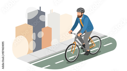 Urban cyclist in isometric cityscape with modern buildings and pedestrian path