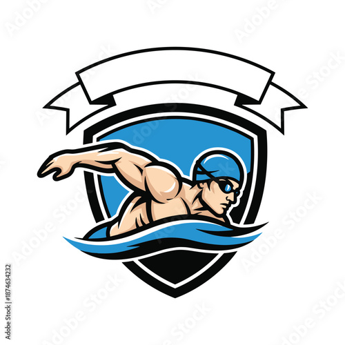 Swimmer in shield graphic a dynamic illustration for sports teams and events