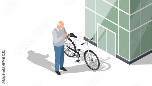 Senior man checking bicycle near modern building in isometric style