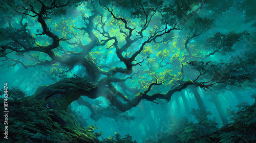Ethereal dreamlike forest with glowing foliage and old mysterious tree, fantasy background