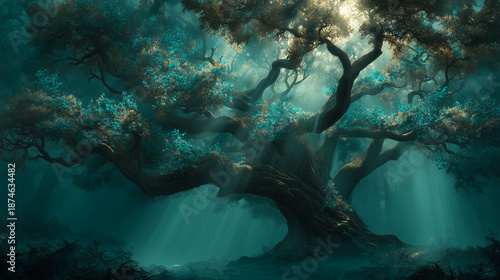 Majestic tree of life with massive spreading roots in misty forest, spiritual light background