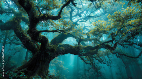 Ancient giant tree in mystical forest with sun rays through fog, fantasy nature background