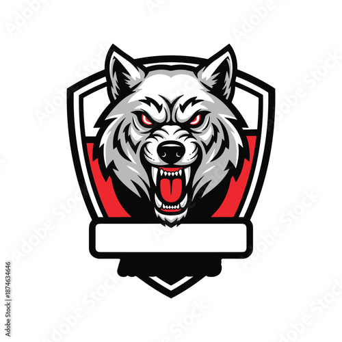 Intense wolf head emblem design with red accents and a banner below