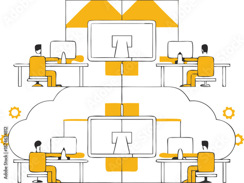 Modern office workspace with people working at computer desks