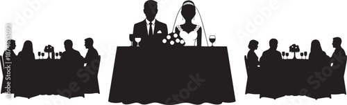 Wedding reception silhouette of bride and groom at head table with guests at side tables couple