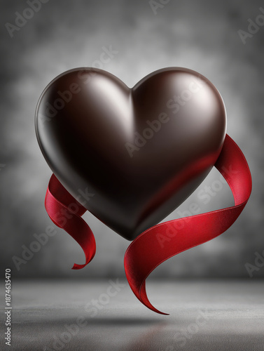 Glossy Dark Chocolate Heart with Red Ribbon on Grey Background created with Generative AI Technology, ai, generative