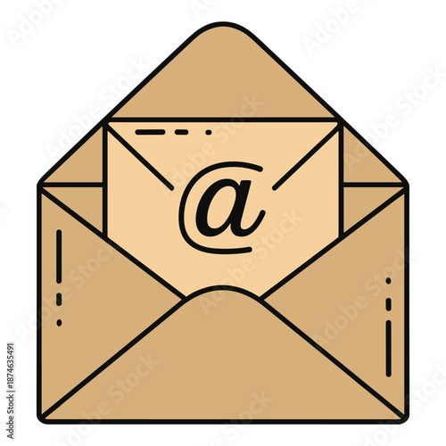Email open envelope with at symbol vector illustration for digital communication concept