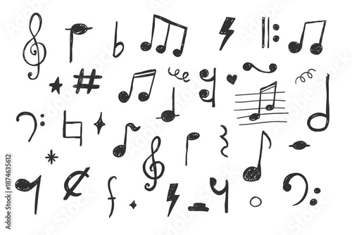 Music notes crayon chalk pencil elements in sketch style. Grunge texture. Whimsical music symbols, signs design element. Border 