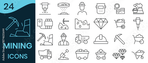 Mining icon set. Out line icon of  Containing minerals, gold, coal wagon, miner, excavator, diamond,  jackhammer and gold panning icons. Vector illustration.