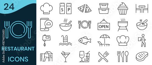 Restaurant icon set. Out line icon of  Food, business, cooking, food delivery, meat, fish, pork, beef, meal, drinks .Vector illustration .
