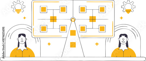 Two business professionals collaborating on project with flowchart on screen