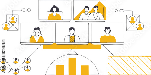 Business professionals collaborating online with data analysis and presentation