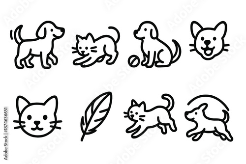 Playful Pet Icons. Playful Pet Companions set in outline vector style: wagging tail line, playful pounce, rolling toy, treat droplet, happy bark icon, curious whiskers, fluttering feather, chase arc