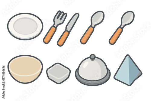 Modern Tableware Icons. Stircraft Serving & Plating set in isometric flat vector : plate, fork, knife, spoon, salad bowl, sauce dish, serving tray, napkin