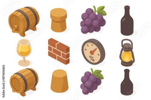 Cellar Icons Collection. Cellarcraft essentials set in isometric flat vector : wooden barrel, cork piece, grape cluster, aging bottle silhouette, tasting glass,