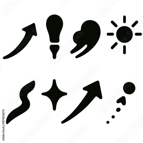 Brutalist Uplift Icons. Rise Up icon set in silhouette bold style. Contain ascending curve, light uplift bead, soft rise puff, glowing ascent dot, upward ribbon
