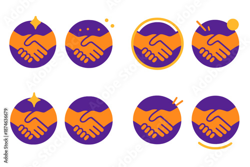 Warm Greeting Icons. Icebreaker Warm Greeting vector set in modern flat style : handshake curve, friendly shimmer dot, light aura ring, subtle accent shard, warm glow orb, gentle line