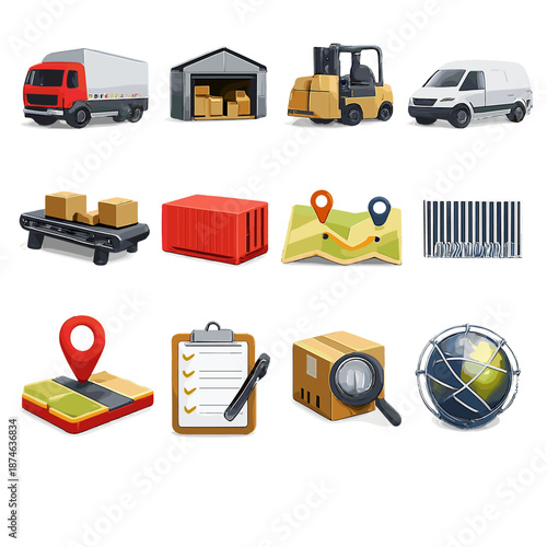 Logistics Network Icons. Logistics Network: cargo truck, warehouse, forklift, delivery van, conveyor belt, shipping container, map route, barcode, GPS pin, clipboard, tracking icon, global network