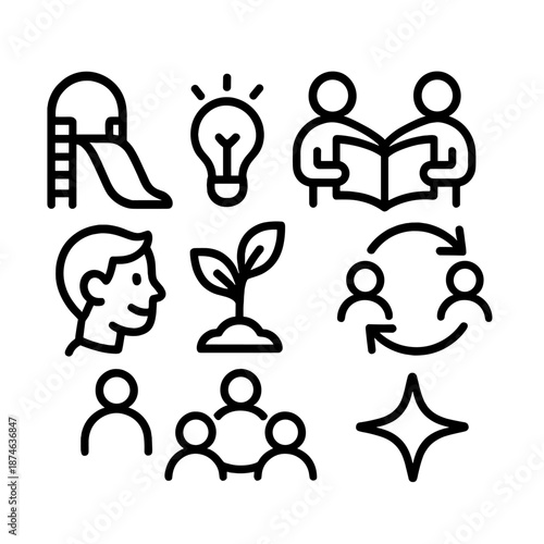 Community Engagement Icons. Youth Community Engagement set in outline vector style: playground arc, creative spark, shared book, teamwork arrow, smiling profile