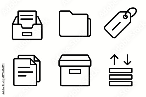 Document Management Icons. Document Handling organization set in outline vector style: file drawer, tabbed folder, label tag, stack of papers, archive box, sorting arrows