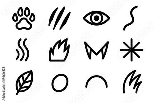 Wildlife Instinct Icons. Raw Wildlife Instincts set in outline vector style: footprint line, sharp talon mark, keen eye, prowl curve, scent ribbon, fur edge,