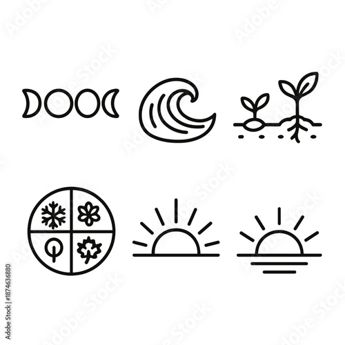 Nature's Cycles Icons. Cycles natural set in outline vector style: moon phases, tide wave, seed to sprout, seasonal wheel, sunrise arc, sunset arc