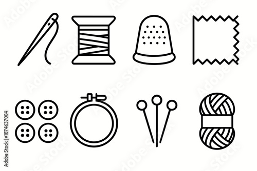 Textile Crafting Icons. Textile Crafting set in outline vector style: sewing needle, thread spool, thimble, fabric swatch, button set, embroidery hoop, pins, yarn skein