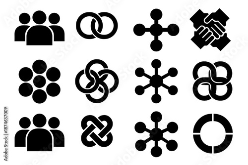 Community Icons Collection. Community Ties icon set in silhouette bold style. Contain group silhouettes, interwoven arcs, shared hub symbol, collaborative hands, cluster nodes, unified ring shapes -