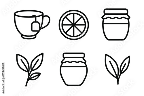 Tea Icons Collection. Teaset in outline vector style Green Tea, Cup, Teabag, Lemon Slice, Honey Jar, Leaf